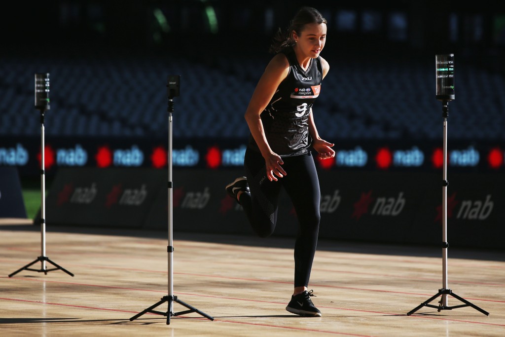 MELBOURNE, AUSTRALIA - OCTOBER 04: Gabby Collingwood from University Of Queensland takes part in the 20m sprint during the AFLW Draft Combine at Etihad Stadium on October 4, 2017 in Melbourne, Australia. (Photo by Michael Dodge/Getty Images/AFL Media)